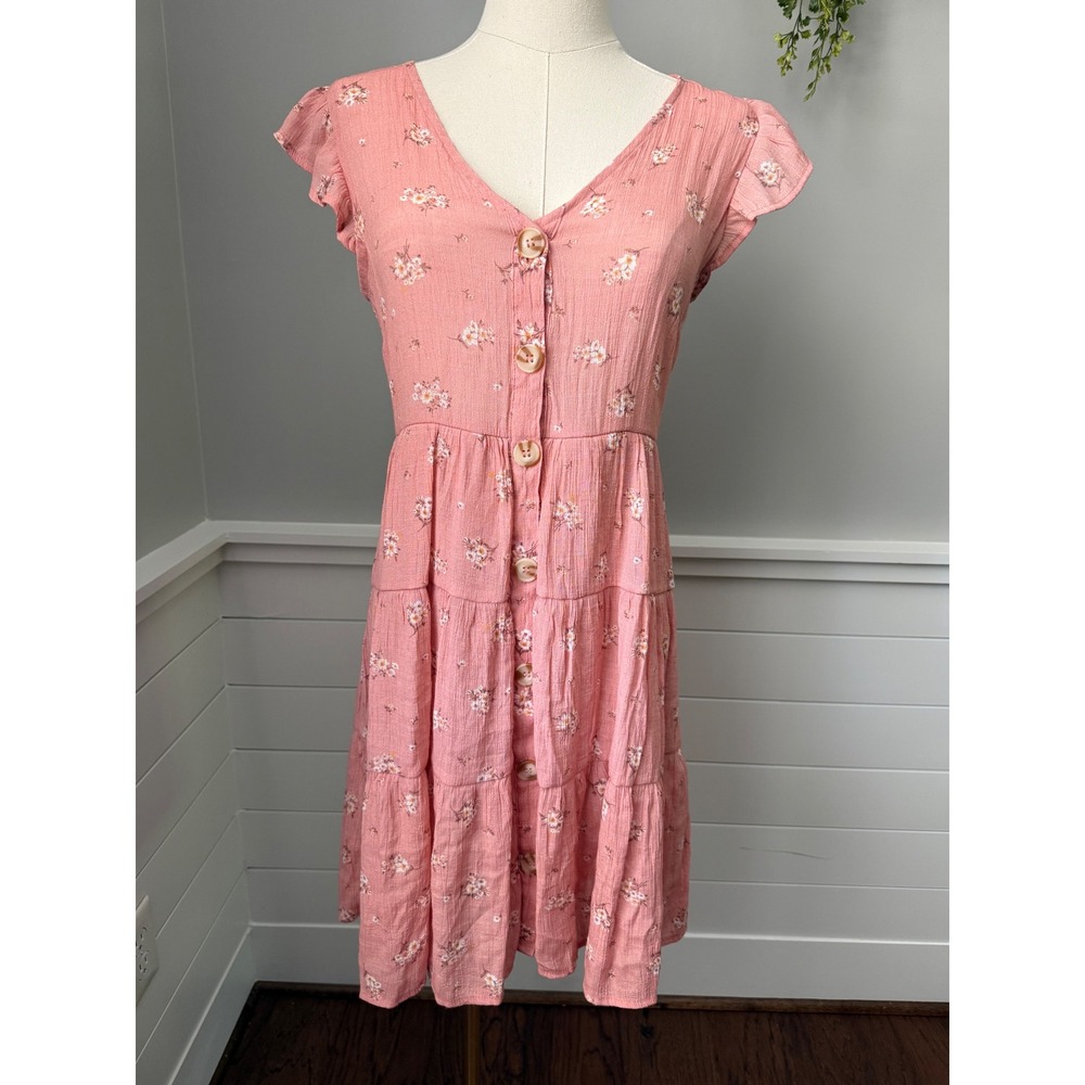 MINE Floral Mini Dress Tiered Flutter Sleeve Cottage Farmhouse Pink Size S